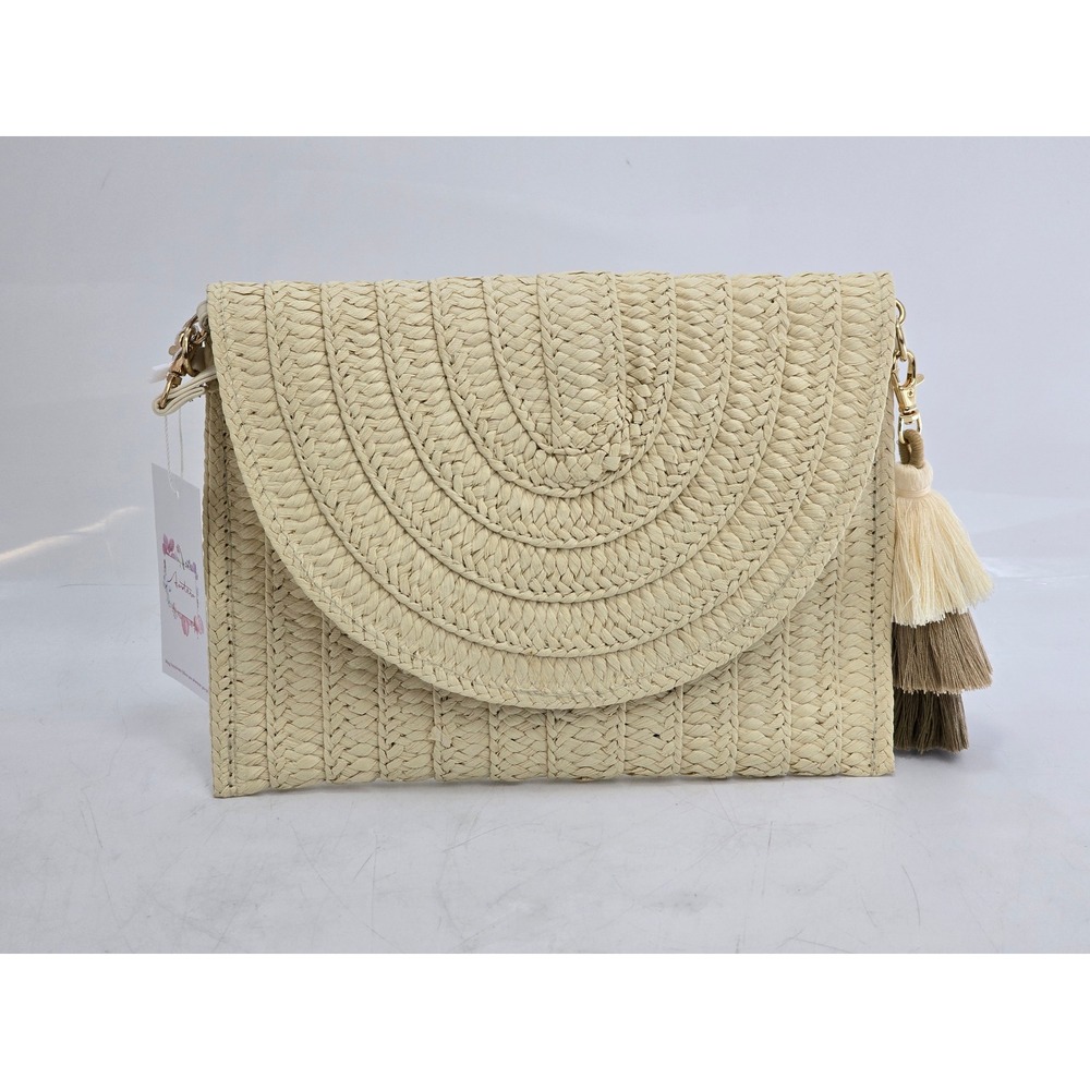 Chic Straw Clutch Crossbody Bag Womens Small Beige Tassel Trim - New